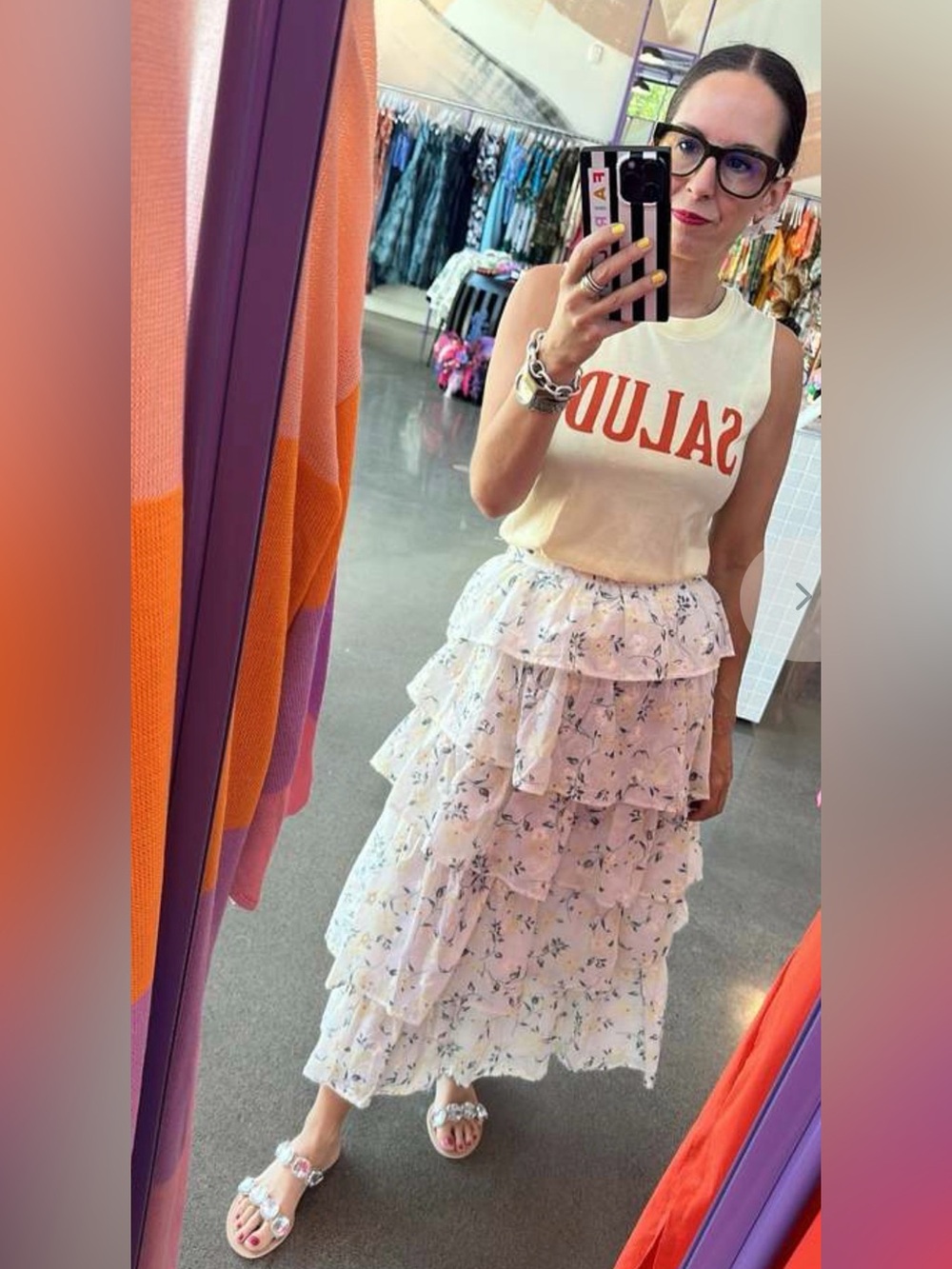 En Saison Cream Tiered Floral Ruffle Maxi Skirt